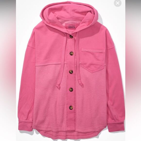 AE Raspberry Peak Pink Waffle Knit Big Hug Oversized Button Hooded Shacket - Picture 5 of 16